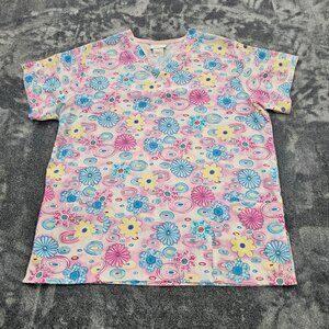 Apple Life Nursing Scrub Top womens large floral print short sleeve pockets